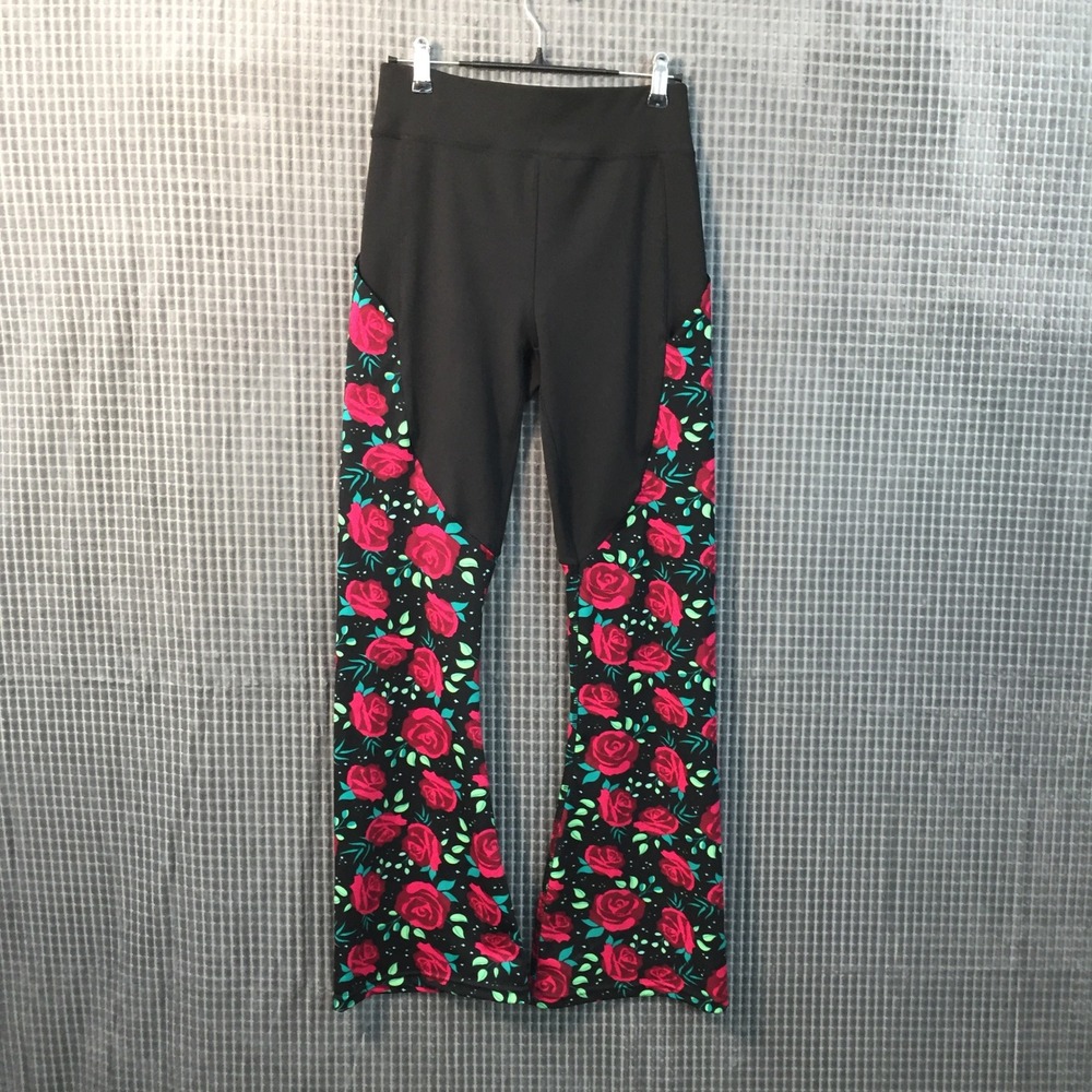 Pop Fit Women Black Red Rose Floral Flare Leg Yoga Pants Pockets Size M